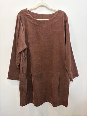 Lagenlook Brown Corduroy Shift Dress Size L 100% Cotton Scoop Neck Pockets Knee